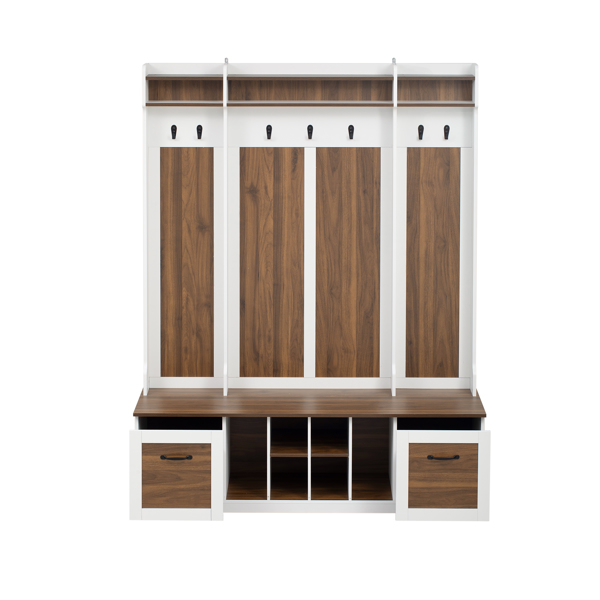 5-in-1 Entryway Bench with Coat Rack, 7 Sturdy Hooks, 2 Spacious Drawers and Adjustable Shelves, 58.8'' Wide Hall Tree with Metal Handles for Hallway, Entryway, Living Room-10