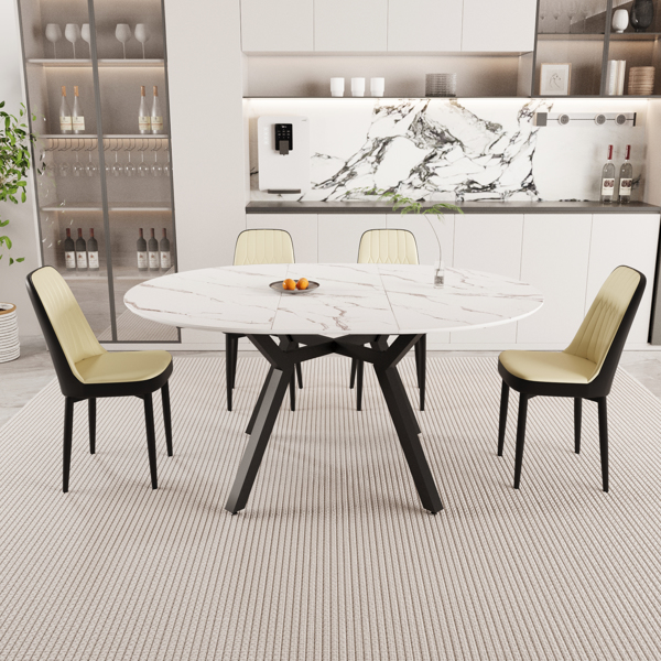 47-63" expandable circular dining tables , equipped with 4 PU fabric thick cushioned dining chairs and an elegant and spacious dining table, kitchen table and chair, with black metal legs -1