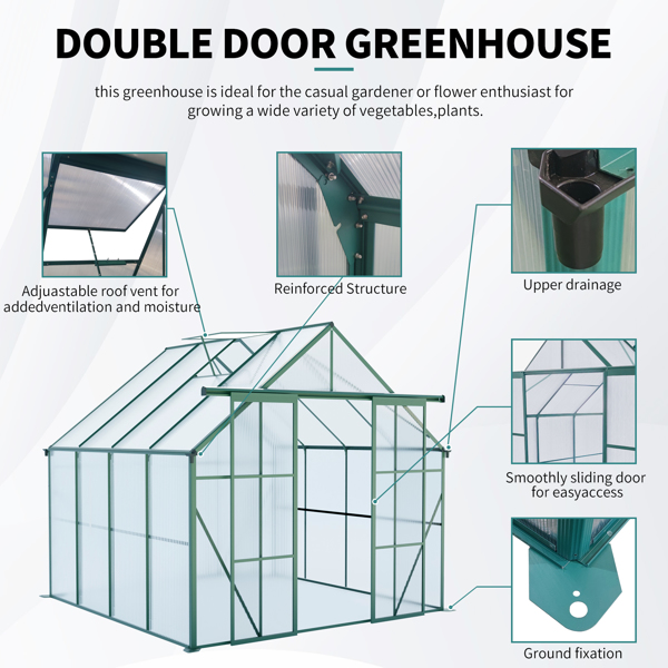 8x8 英尺双门聚碳酸酯温室升高底座和锚固铝制重型步入式温室，适合所有季节的户外后院，绿色-4