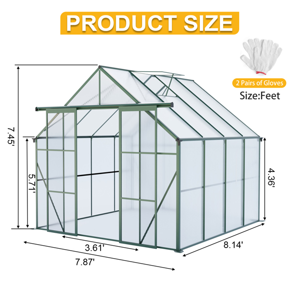 8x8 英尺双门聚碳酸酯温室升高底座和锚固铝制重型步入式温室，适合所有季节的户外后院，绿色-5