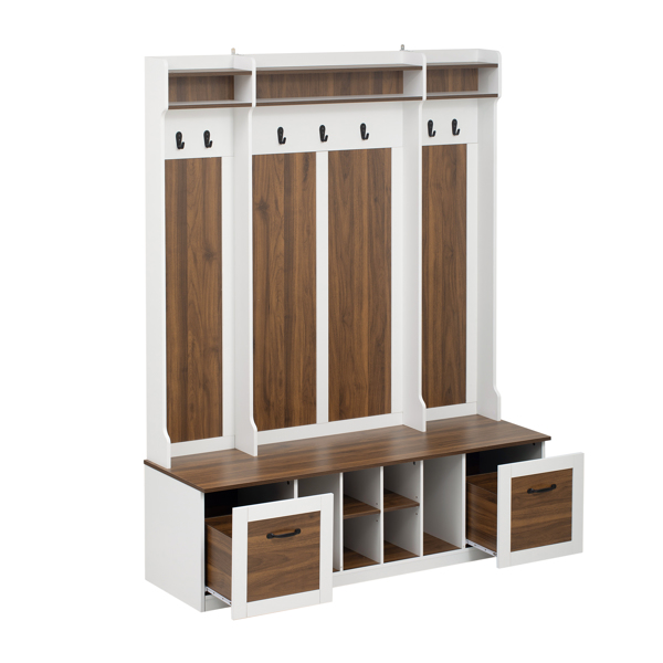 5-in-1 Entryway Bench with Coat Rack, 7 Sturdy Hooks, 2 Spacious Drawers and Adjustable Shelves, 58.8'' Wide Hall Tree with Metal Handles for Hallway, Entryway, Living Room-4