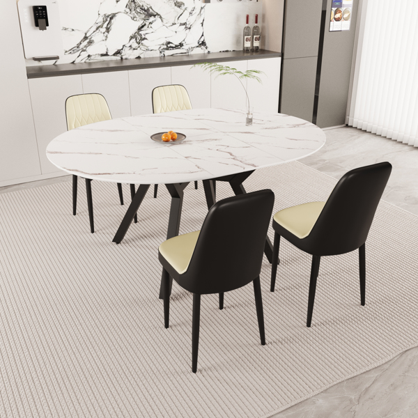 47-63" expandable circular dining tables , equipped with 4 PU fabric thick cushioned dining chairs and an elegant and spacious dining table, kitchen table and chair, with black metal legs -3