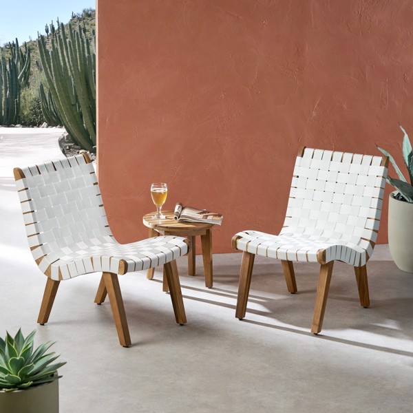 Outdoor Acacia Wood and Rope Weave 3 Piece Chat Set, White and Teak-1
