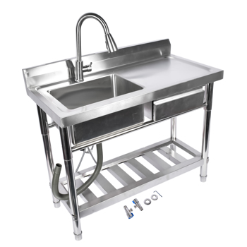 A1-不锈钢水槽 Stainless Steel Kitchen Sink Commercial Freestanding Utility Sink with Drawer and Pull-Out Faucet (39.3\\", Left Sink)