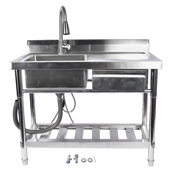 A1-不锈钢水槽 Stainless Steel Kitchen Sink Commercial Freestanding Utility Sink with Drawer and Pull-Out Faucet (39.3", Left Sink)-3