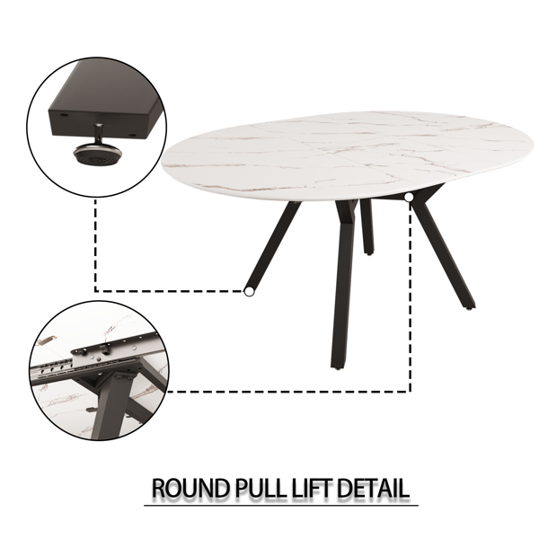 47-63" expandable circular dining tables , equipped with 4 PU fabric thick cushioned dining chairs and an elegant and spacious dining table, kitchen table and chair, with black metal legs -12