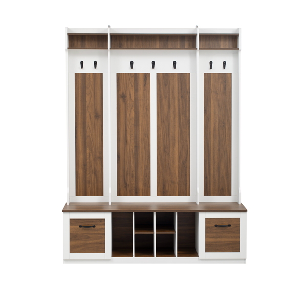 5-in-1 Entryway Bench with Coat Rack, 7 Sturdy Hooks, 2 Spacious Drawers and Adjustable Shelves, 58.8'' Wide Hall Tree with Metal Handles for Hallway, Entryway, Living Room-5