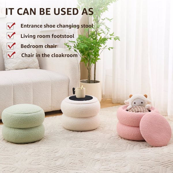 Storage Ottoman, Round Teddy Velvet Footrest with Tray, Macaron-Shaped Stool, Modern Side Table, Small Ottoman for Living Room, Bedroom, and Hallway Decor- White-6