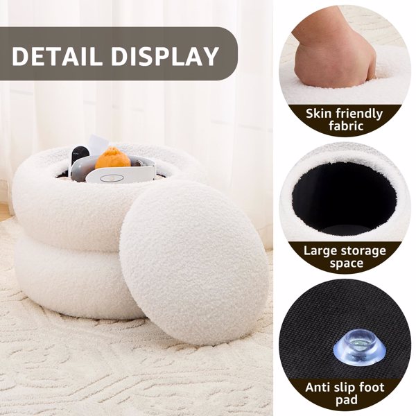 Storage Ottoman, Round Teddy Velvet Footrest with Tray, Macaron-Shaped Stool, Modern Side Table, Small Ottoman for Living Room, Bedroom, and Hallway Decor- White-3