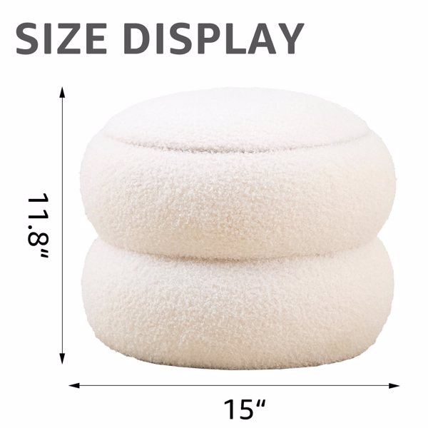 Storage Ottoman, Round Teddy Velvet Footrest with Tray, Macaron-Shaped Stool, Modern Side Table, Small Ottoman for Living Room, Bedroom, and Hallway Decor- White-2