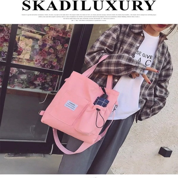 原宿（Harajuku）女士帆布单肩包 - 时尚前卫的手提包，带口袋，轻便，非常适合学生和日常使用--粉色-6