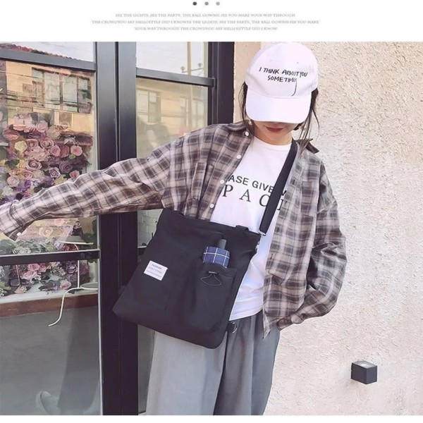 原宿（Harajuku）女士帆布单肩包 - 时尚前卫的手提包，带口袋，轻便，非常适合学生和日常使用-5