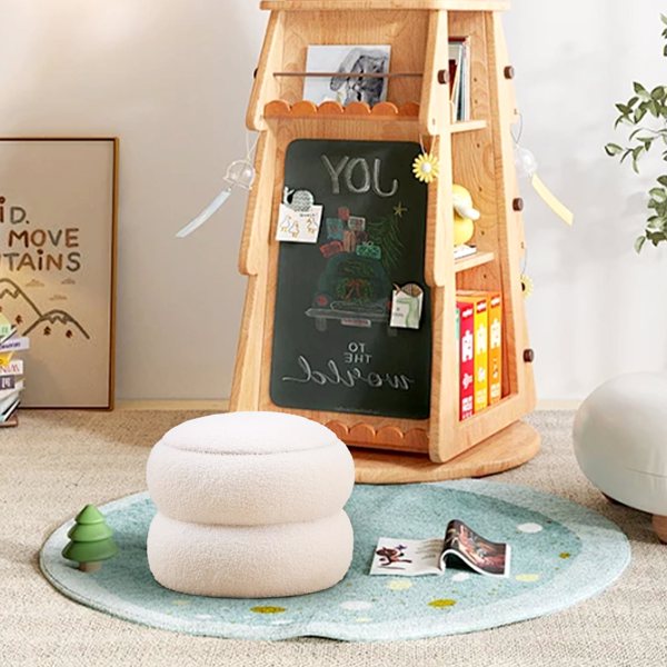 Storage Ottoman, Round Teddy Velvet Footrest with Tray, Macaron-Shaped Stool, Modern Side Table, Small Ottoman for Living Room, Bedroom, and Hallway Decor- White-5
