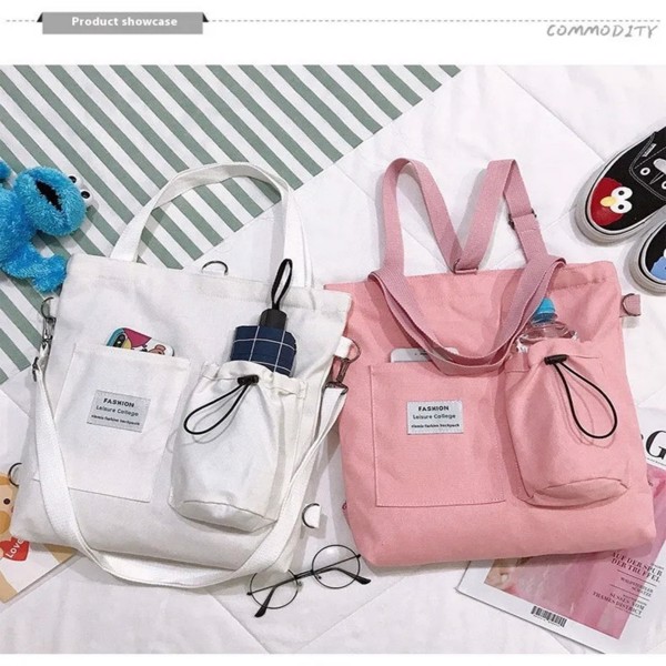 原宿（Harajuku）女士帆布单肩包 - 时尚前卫的手提包，带口袋，轻便，非常适合学生和日常使用--粉色-3