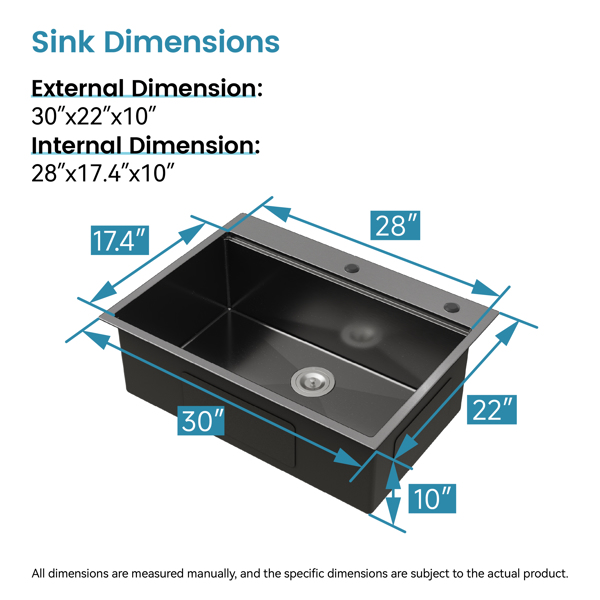 厨房水槽30“x 22”多功能壁挂式工作站厨房水槽S304不锈钢手工制作现代单碗厨房水槽黑色[周末无法发货]-5