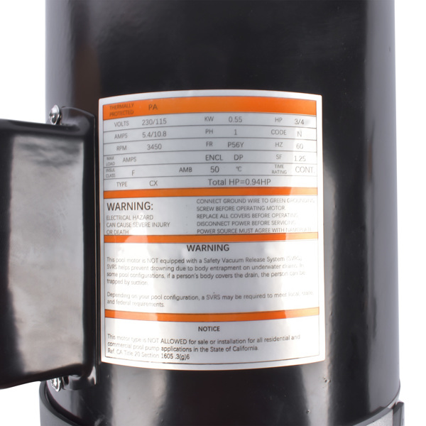 泳池水泵电机 0.75HP 115-230V 56Y Frame Square Flange Up-Rated Pool or Spa Pump Motor B2852-11