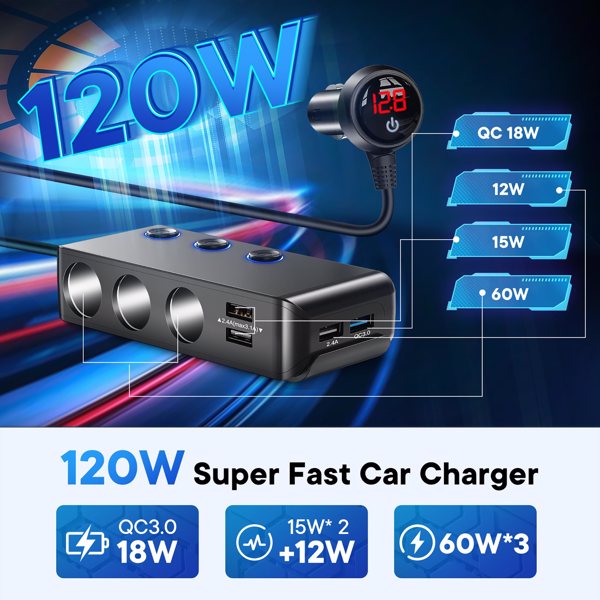 车载充电器分配器 200W 3 插座点烟器适配器，带 PD30W USB-C 多 USB 车载充电器直流插座-10