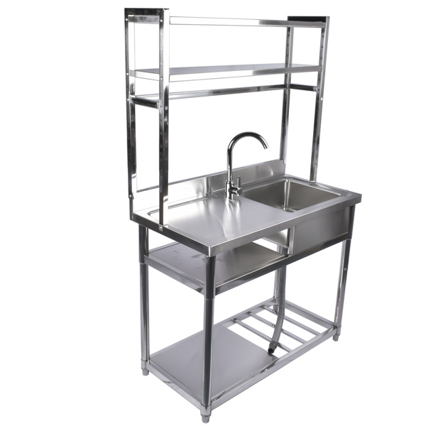 A1 39.4in不锈钢水槽，右槽，左平台带置物架 39.4in Stainless Steel Utility Right Sink, Single Bowl Sink for Kitchen, Garage, Right Sink Left Platform Commercial Sink w/ Shelves with Hot and Cold Water Faucet-1