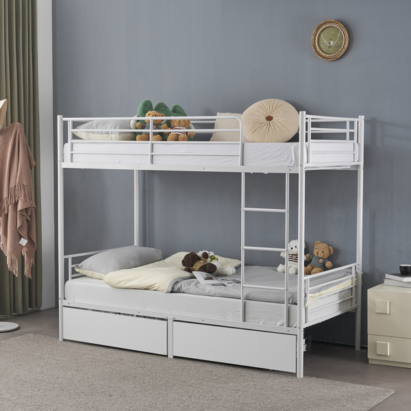 Twin Over Twin Bunk Bed with Two Storage Drawers & Full-Length Guard Rail, Heavy Duty Metal Bunk Bed for Kids Teens Adults, White-3