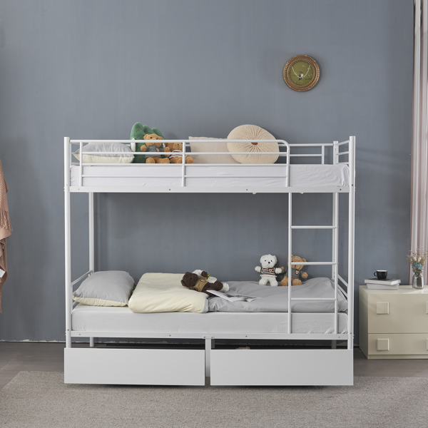 Twin Over Twin Bunk Bed with Two Storage Drawers & Full-Length Guard Rail, Heavy Duty Metal Bunk Bed for Kids Teens Adults, White-9