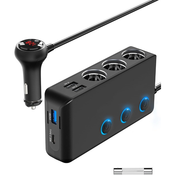 车载充电器分配器 200W 3 插座点烟器适配器，带 PD30W USB-C 多 USB 车载充电器直流插座-1