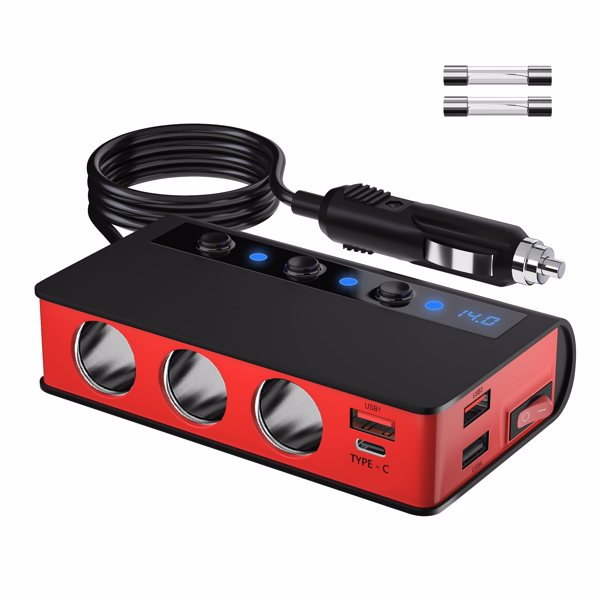 7 合 1 点烟器分配器 180W 车载充电器适配器，带 3 个插座 12V/24V 最大 6.6A 4 端口快速充电 USB 插座、独立开/关开关和电压显示-1