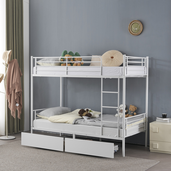 Twin Over Twin Bunk Bed with Two Storage Drawers & Full-Length Guard Rail, Heavy Duty Metal Bunk Bed for Kids Teens Adults, White-7