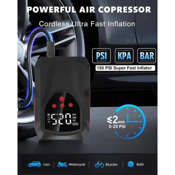 带空气压缩机的启动器，3000A 150PSI 便携式汽车电池启动器（9.0L 汽油/8L 柴油），12V 电池充电器增压器盒车带 LCD 显示屏、LED 灯、USB QC3.0-6