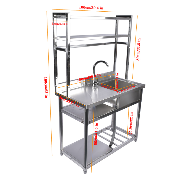 A1 39.4in不锈钢水槽，右槽，左平台带置物架 39.4in Stainless Steel Utility Right Sink, Single Bowl Sink for Kitchen, Garage, Right Sink Left Platform Commercial Sink w/ Shelves with Hot and Cold Water Faucet-10