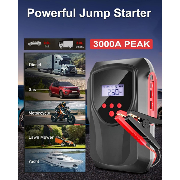 带空气压缩机的启动器，3000A 150PSI 便携式汽车电池启动器（9.0L 汽油/8L 柴油），12V 电池充电器增压器盒车带 LCD 显示屏、LED 灯、USB QC3.0-3
