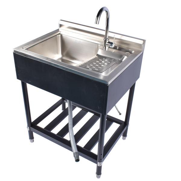 A1-28.3in不锈钢水槽 23.8” Stainless Steel Utility Sink Laundry Tub Sink with Cold and Hot Water Faucet for Laundry Room Kitchen, Left Sink, Right Wash, silver+Black w/ water faucet -2