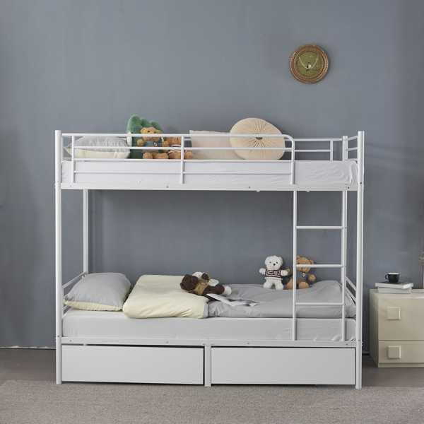 Twin Over Twin Bunk Bed with Two Storage Drawers & Full-Length Guard Rail, Heavy Duty Metal Bunk Bed for Kids Teens Adults, White-6