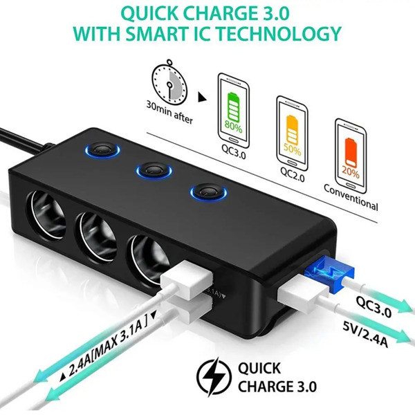 车载充电器分配器 200W 3 插座点烟器适配器，带 PD30W USB-C 多 USB 车载充电器直流插座-6