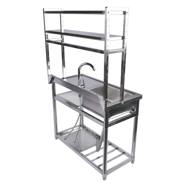 A1-39.4in不锈钢水槽，左槽，右平台带置物架 39.4in Stainless Steel Utility Sink Set, Single Bowl Commercial Sink w/ Shelves Single Bowl Sink for Kitchen, Garage with Drainboard and Hanging Tools-3