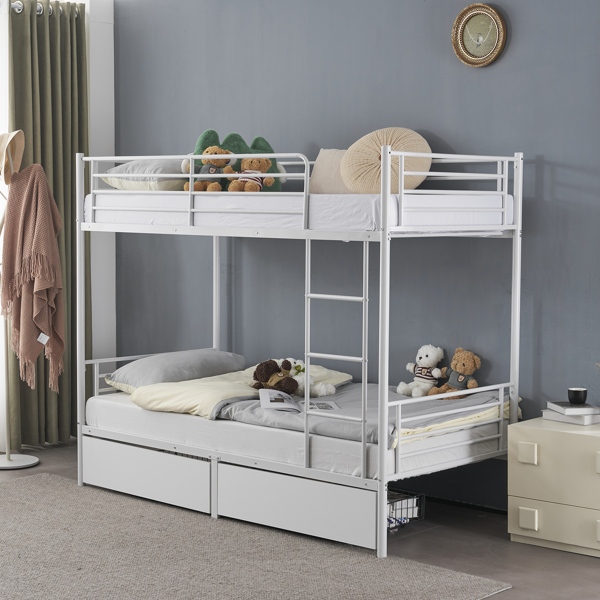 Twin Over Twin Bunk Bed with Two Storage Drawers & Full-Length Guard Rail, Heavy Duty Metal Bunk Bed for Kids Teens Adults, White-5