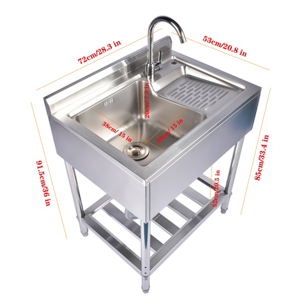 A1-28.3in不锈钢水槽 28.3in Stainless Steel Sink, Left Sink, Right Wash, Silver with Water Faucet Free Standing Laundry Sink with Washboard Silver-9