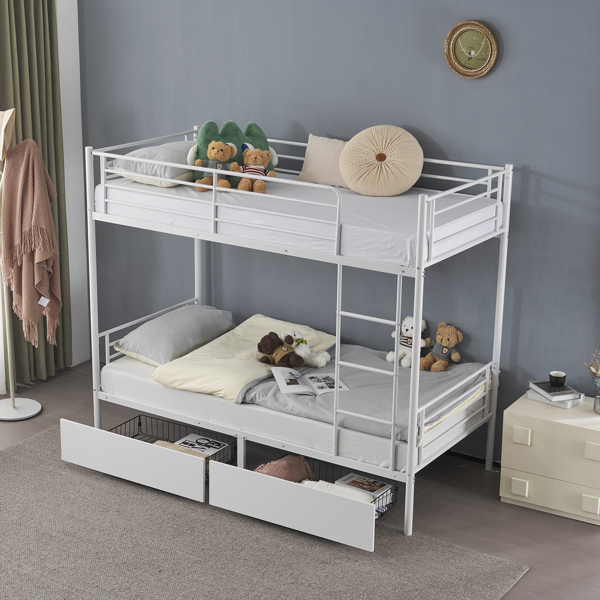 Twin Over Twin Bunk Bed with Two Storage Drawers & Full-Length Guard Rail, Heavy Duty Metal Bunk Bed for Kids Teens Adults, White-8