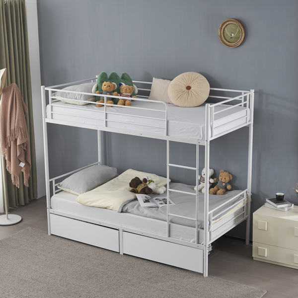 Twin Over Twin Bunk Bed with Two Storage Drawers & Full-Length Guard Rail, Heavy Duty Metal Bunk Bed for Kids Teens Adults, White-4