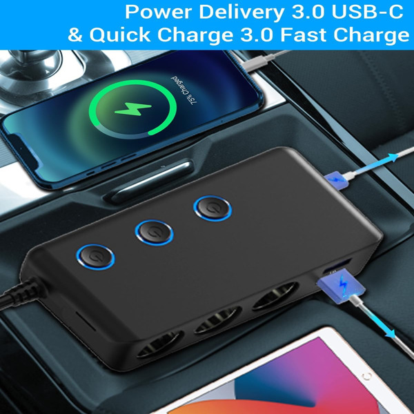 车载充电器分配器 200W 3 插座点烟器适配器，带 PD30W USB-C 多 USB 车载充电器直流插座-8
