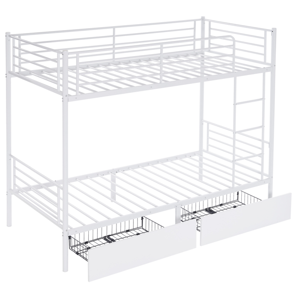Twin Over Twin Bunk Bed with Two Storage Drawers & Full-Length Guard Rail, Heavy Duty Metal Bunk Bed for Kids Teens Adults, White-1