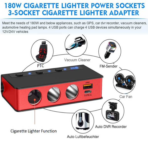 7 合 1 点烟器分配器 180W 车载充电器适配器，带 3 个插座 12V/24V 最大 6.6A 4 端口快速充电 USB 插座、独立开/关开关和电压显示-3