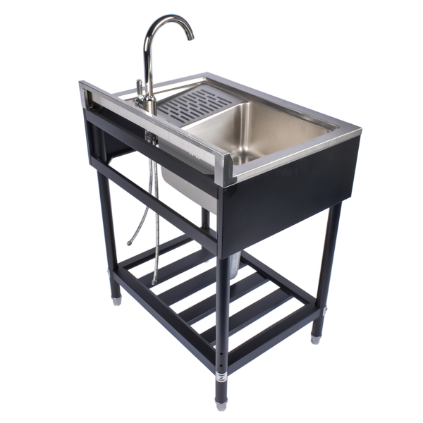 A1-28.3in不锈钢水槽 23.8” Stainless Steel Utility Sink Laundry Tub Sink with Cold and Hot Water Faucet for Laundry Room Kitchen, Left Sink, Right Wash, silver+Black w/ water faucet -3
