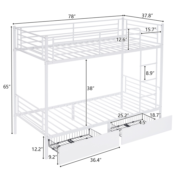 Twin Over Twin Bunk Bed with Two Storage Drawers & Full-Length Guard Rail, Heavy Duty Metal Bunk Bed for Kids Teens Adults, White-2