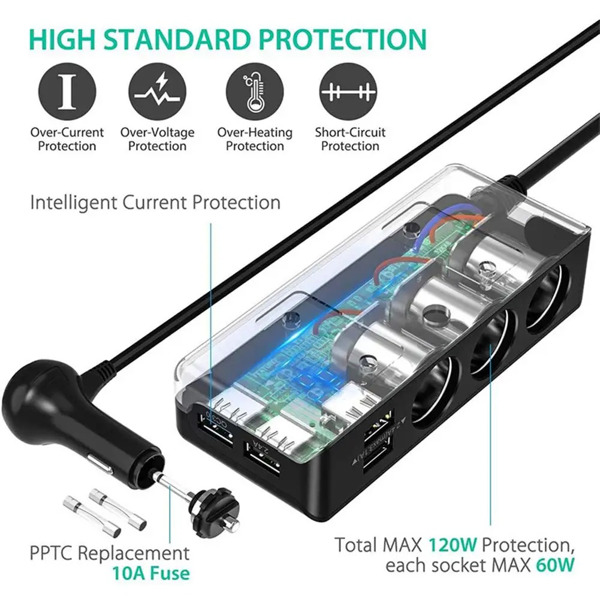 车载充电器分配器 200W 3 插座点烟器适配器，带 PD30W USB-C 多 USB 车载充电器直流插座-4