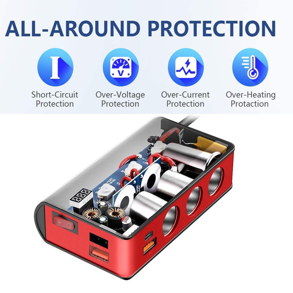 7 合 1 点烟器分配器 180W 车载充电器适配器，带 3 个插座 12V/24V 最大 6.6A 4 端口快速充电 USB 插座、独立开/关开关和电压显示-2