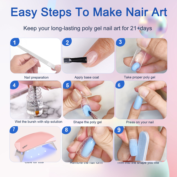 6个PCS Polygel Nail套件，带紫外线灯，滑动解决方案，顶部底漆，建筑商指甲钉钉艺术工具-7
