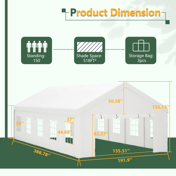 16x32 FT Party Tent with 3 Storage Bags & Removable Sidewalls, Outdoor Canopy Gazebo for Carport Camping Garden Wedding BBQ Commercial-4