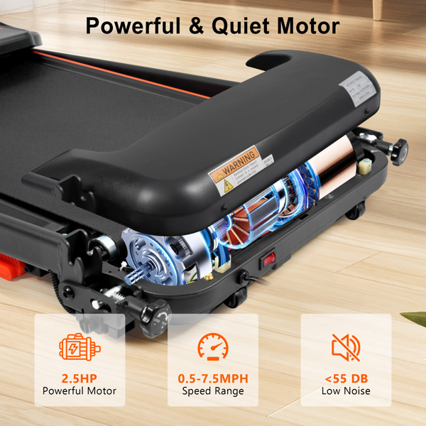 全新家用跑步机，2.5HP 静音折叠跑步机，带心率传感器，承重 300 磅，7.5 英里/小时，倾斜跑步机，带 USB 充电站和蓝牙扬声器，6 个减震装置-6