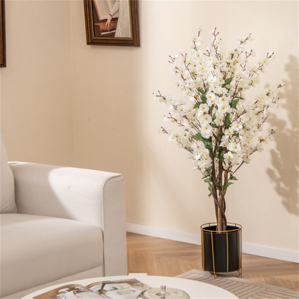 White Faux Plum Blossom Plant with Solid Wood Trunk-7