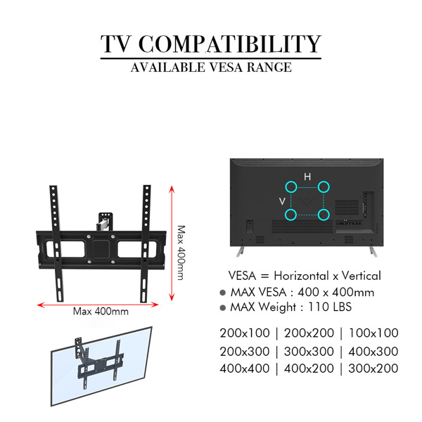 TMDS-105 上下角度10度 左右角度30度 壁挂电视架 40kg 带水平泡 最大VESA400*400 黑色-15